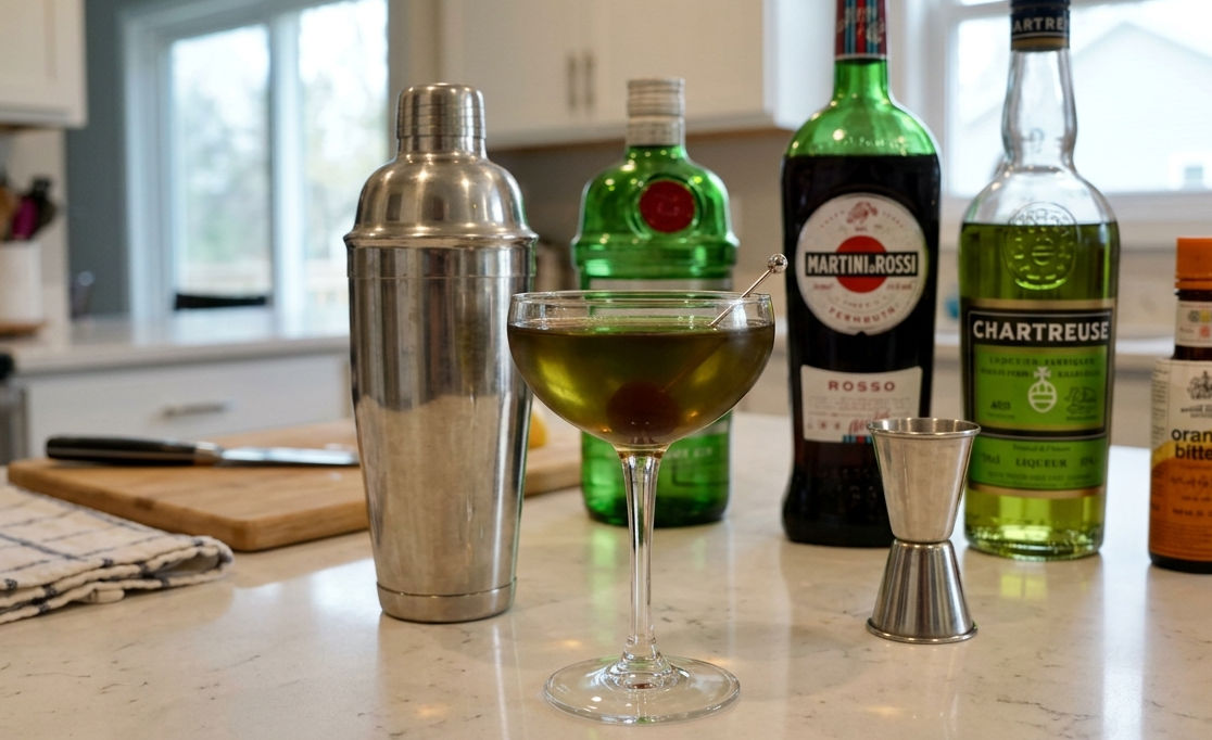 Bijou cocktail and ingredients